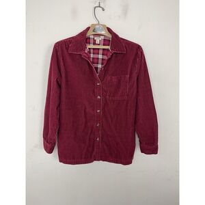 LL Bean Shirt Womens Medium Pink Corduroy Button Up Country Jewel Tone Plaid